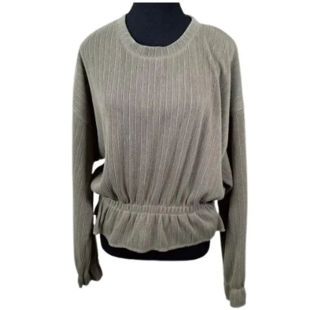 Zara Womens Size Medium Crew Neck Textrued Ribbed Long Sleeve Ruched Waist Top
